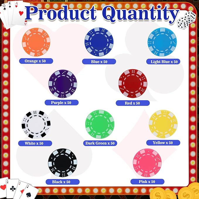Coopay 500 Pcs Plastic Poker Chips for Texas Hold'em, Blackjack, Poker Chips Set with Dice Striped Edges for Card Board Game, Card Club Late Game Night Home Themed Events Party Supplies