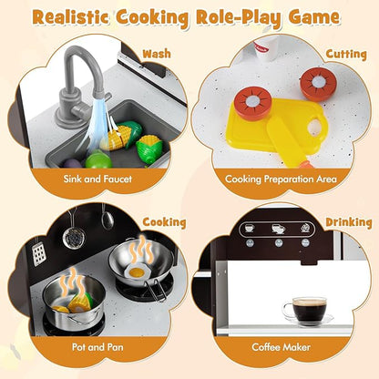 HONEY JOY Corner Kids Kitchen Playset, Wooden Toy Kitchen Set w/Lights & Sounds, Range Hood, Ice Maker & Coffee Maker, Microwave, Sink, Faucet, Little Chef Pretend Play Kitchen for Toddlers, Brown