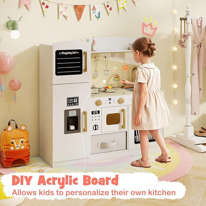 Costzon Kids Kitchen Playset, Wooden Pretend Play Kitchen w/Real Lights & Sounds, Chalkboard, Microwave, Ice Maker, Dishwasher, Sink, Cookware Accessories, Play Kitchen for Kids Ages 3+ (White)