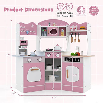 Costzon Corner Play Kitchen, Wooden Kids Kitchen Playset with Lights & Sound, Coffee Maker, Washing Machine, Oven, Microwave, Toddler Toy Kitchen for Pretend Play, Gift for Boys Girls 3+ (Pink)