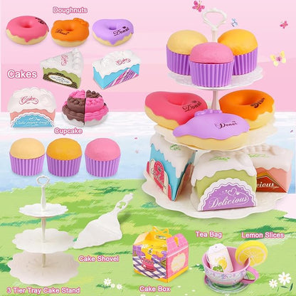 Tea Set for Little Girls,PRE-WORLD 50PCS Princess Tea Party Time Toy Including Dessert,Cookies,Doughnut,Teapot Tray Cake, Tablecloth & Carrying Case,Kids Kitchen Pretend Play for Girls Boys Age 3-6