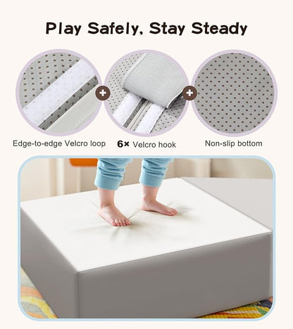6-Piece Climb and Crawl Activity Play Set, Soft Foam Climbing Blocks for Toddlers with Wipe-Clean PU Leather, Anti-Slip Climbing Toys for Toddlers 1-3 Inside for All-Around Development, Gray & White
