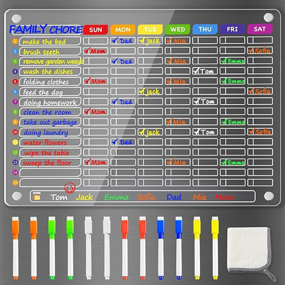 PigPotParty Acrylic Magnetic Chore Chart for Family & Multiple Kids – 16"x12" Large Dry Erase Chore Board for Fridge, Daily & Weekly Responsibility Chart for Adults, Includes 12 Markers & 1 Towel