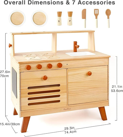 PairPear Wooden Play Kitchen Set, Solid Pine Wood 2 in 1 Kids Kitchen & Market Shelf with Chalkboard, Natural Finish, 7 Piece Pretend Play Kitchen playset for Age 3+