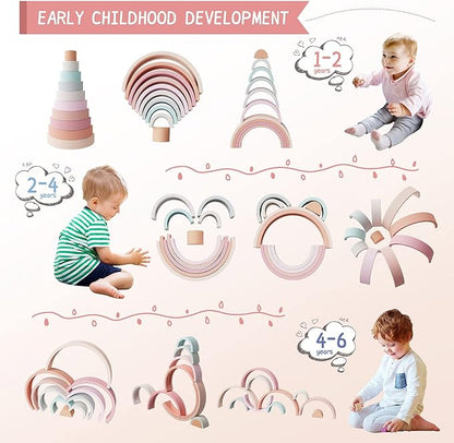 MCGMITT Rainbow Stacking Toy, Silicone Rainbow Stacker for Toddlers, Montessori Nesting Blocks, Building Creative Color Shape Matching Toy Set, 10 Layers