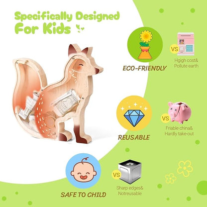 Wooden Fox Piggy Banks for Kids, Adorable Fox Piggy Bank with Acrylic Panels, Unbreakable Toddler Money Box for Girls Adults Boys, Cute Saving Coin Jar for Birthday Décor