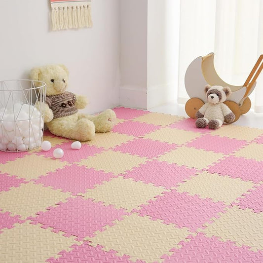36 Tiles Foam Play Mat for Baby, 0.4 Inch Thick Foam Interlocking Floor Mats, Soft Non-Toxic Baby Playmat, Solid Colored Puzzle Play Mat Kids Floor Mats for Toddler(Beige/Pink)