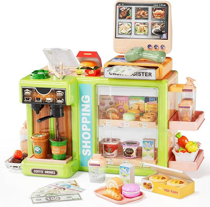 Toddler Toy Grocery Store, Supermarket Playset with Touch Voice Cash Register, Scanner, Coffee Maker, Play Food, Play Money, Pretend Play Toys for Toddlers Kids Birthday
