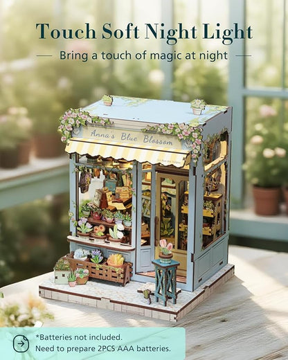 Cutefun Book Nook Kit - DIY Miniature House Kit for Adults and Teens, 3D Wooden Puzzle Mini House Building Kit with LED, Dollhouse Kit Bookshelf Insert Decor Creative Gifts (Anna's Blue Blossom)