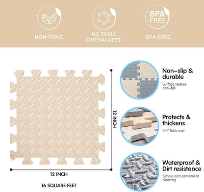 16 Tiles Foam Play Mat for Baby, Soft & Safe EVA Foam Mats for Floor, Square Baby Play Mat, Solid Colored Kids Foam Puzzle Floor Mat, 47x47 Play Mat for Playpen(Beige/Gray)