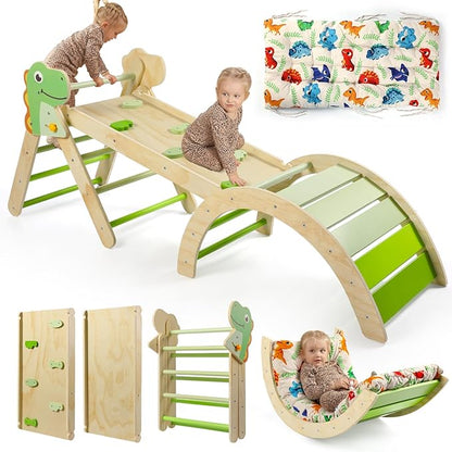 Pikler Triangle Set with Cushion, 7 in 1 Toddler Climbing Toys Indoor, Montessori Foldable Set, Wooden Climbing Toys for Toddlers Inside with Ramp, Arch and Ladder (Dinosaur)