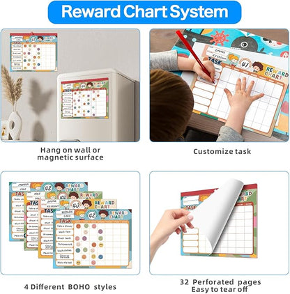 Boho 32 Chore Charts Behavior Reward Chart System,Sticker Chore Chart Pad for Kids with 2328 Stickers, 12.2" x 9.8" Magnetic Reward Chart to Develop Responsibility & Good Habits.