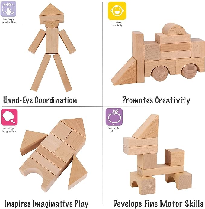 Pidoko Kids Wooden Blocks - 100 Pcs - Building Blocks for Toddlers - Includes Storage Container with Shape Sorter Lid - Natural Beech Wood Blocks - Preschool Learning Toys Stacking Block
