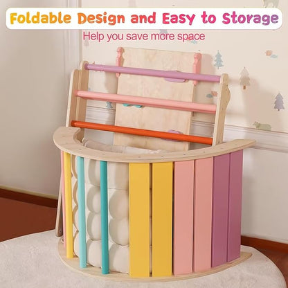 Pikler Triangle Set with Cushion Large, 5 in 1 Toddler Climbing Toys Indoor, Montessori Foldable Climbing Set for Kids, Wooden Playground Jungle Gym with Ramp, Arch and Ladder (Color-B)