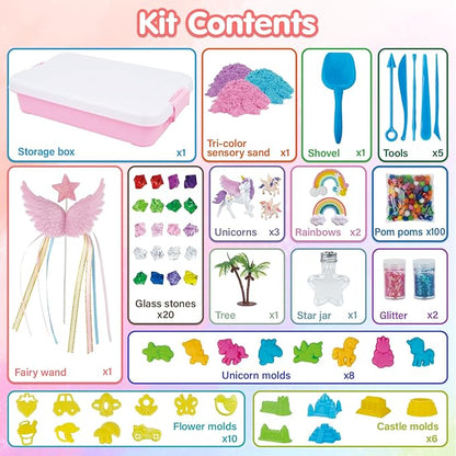 snookids 162Pcs Sensory Bin Magic Sand with Natural Beeswax 690g, Play Sands, Sensory Toys 24 Molds, 3 Unicorns, Sandbox with Lid, Educational Toys and Christmas Gifts for Children 3+