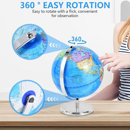 8 Inch World Globe Rotating Earth Spinning Globe with Heavy Metal Stand for Kids Geography Classroom Education or Office Home Decorations