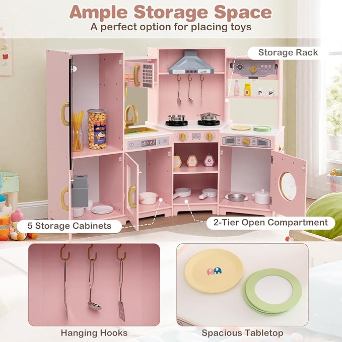 HONEY JOY Corner Play Kitchen, Large Wooden Pretend Toy Kitchen Set w/Lights, Ice & Coffee Maker, Range Hood, Chalkboard, Microwave, Cookware, Little Chef Kids Kitchen Playset for Toddlers (Pink)