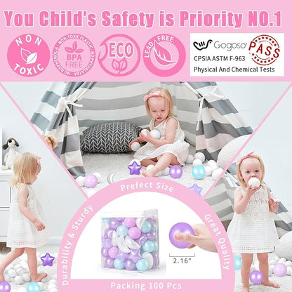 GOGOSO Ball Pit Balls Stars Moon Shapes Plastic Pitballs for Toddler Play Tent Baby Photo Props Kids Pool Water Toys Kiddie Pool Party Decor, Pearl Pink+Pearl Purple+Pearl Light Blue,100PCS