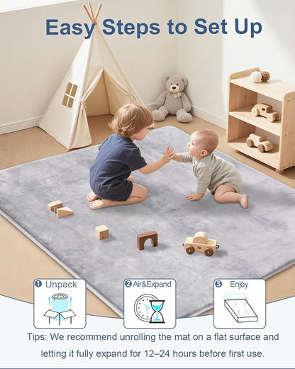 Large Thick Baby Play Mat for Floor,Padded 71x79 Playpen Mat,Foam Tummy Time Mat,Soft Support&Plush Feel Nursery Rug,Non Slip for Toddler,Infants,Kids Play,Yoga,Baby Crawling Mat (Light Grey)