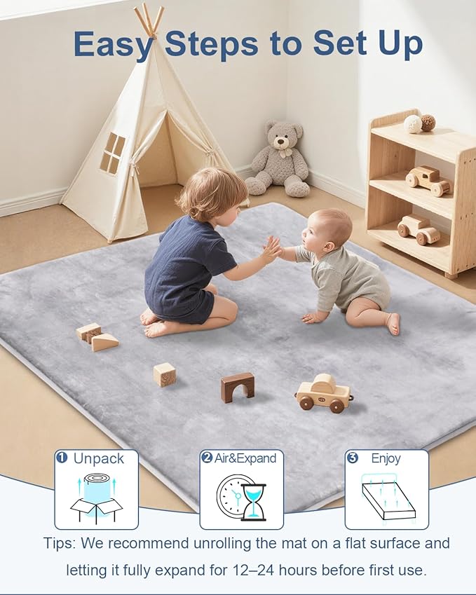 Large Thick Baby Play Mat for Floor,Padded 79x118 Foam Mat,Tummy Time Mats,Soft Support&Plush Feel Nursery Rug,Non Slip for Toddler,Infants,Kids Play,Yoga,Baby Crawling Mats (Light Grey)