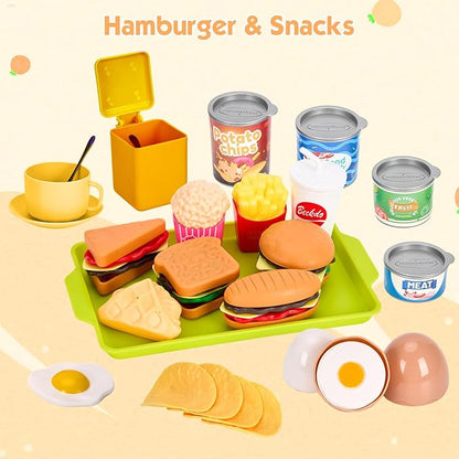 118Pcs Mini Play Kitchen Accessories for Kids, Pretend Cooking Playset with Cookware, Tableware & 2 Fruit Sets, Learning Gift for Girls, Boys, Toddlers, Yellow