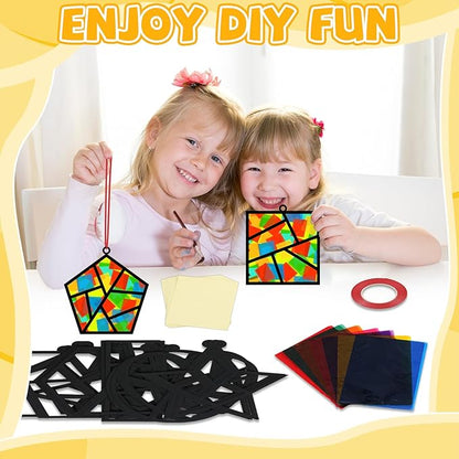 32 Sets Back to School Geometric Recognition Suncatchers Craft DIY Window Stained Glass Effect Star Paper Crafts Home School Classroom Decor Kid Birthday Gift Creative Art Project Activity Game