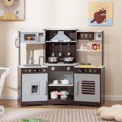 HONEY JOY Corner Kids Kitchen Playset, Wooden Toy Kitchen Set w/Lights & Sounds, Range Hood, Ice Maker & Coffee Maker, Microwave, Sink, Faucet, Little Chef Pretend Play Kitchen for Toddlers, Brown