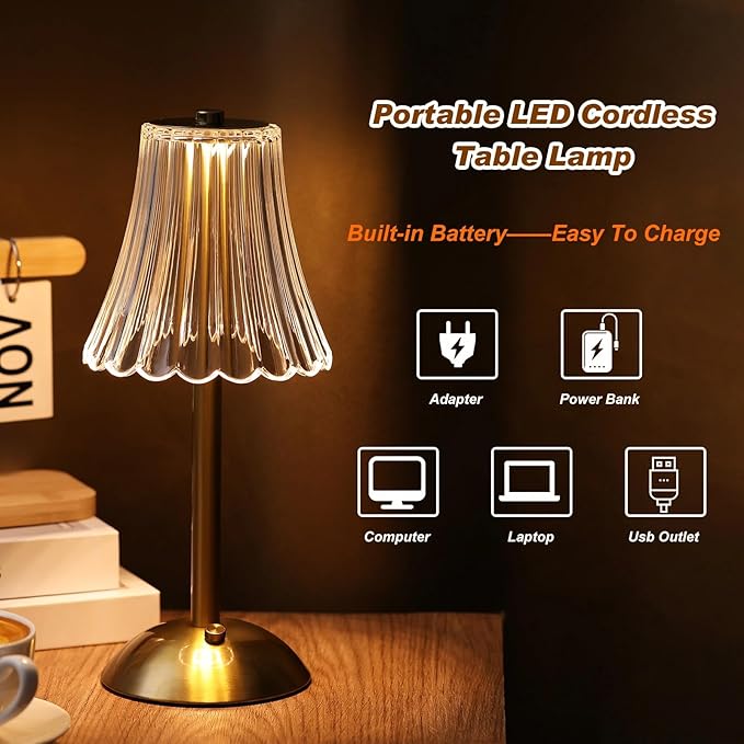 Liliful 1 Pcs LED Portable Cordless Table Lamp Touch Battery Operated Rechargeable Gold Desk Lamp 3 Color Dimmable for Bedroom Living Room Dining (Gold,Rose Style)