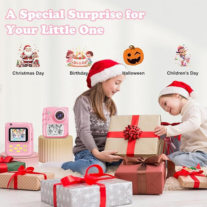 Instant Print Camera for Kids, 1080P Video Camera with 3 Print Rolls, 32GB Card & Cute Cover, Gift for Girls Boys Age 3-12, Toddler Digital Camera with Games, Filters, Music – Pink
