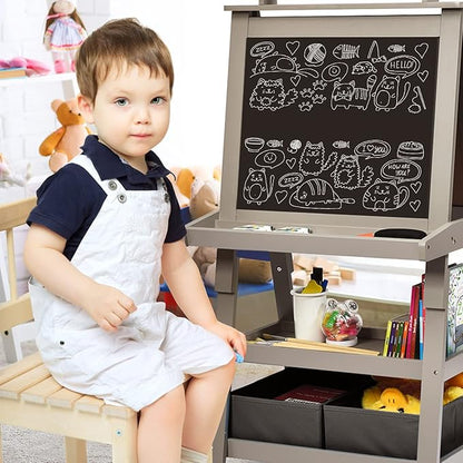 Costzon Kids Art Easel, 3 in 1 Double-Sided Wooden Easel w/Magnetic Whiteboard, Chalkboard & Paper Roll, 2-Tier Rack w/ 2 Storage Boxes, Standing Easel for Kids, Toddlers, Boys, Girls (Grey)