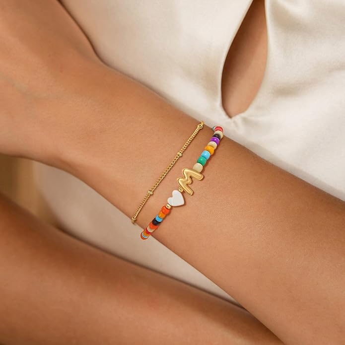 Colorful Initial Bracelets for Women Girls - 14K Gold Plated Heart Initial Letter Daint A-Z Charm Bracelet Summer Jewelry Teen Girl Gifts for Teen Kids