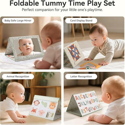 Foldable Tummy Time Play Set (Sturdy Cardboard), Large Baby Safe Mirror and Card Display Stand with 80 Pages High Contrast Cards, Alphabet and Animal Cognition