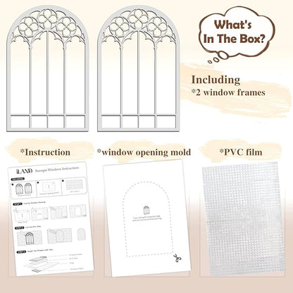 iLAND 1/12 Scale Accessories of Dollhouse Window, Wooden DIY Dollhouse Building Supplies, Complete Miniature Window Kit w/Wooden Frame & Grid Pattern PVC Film