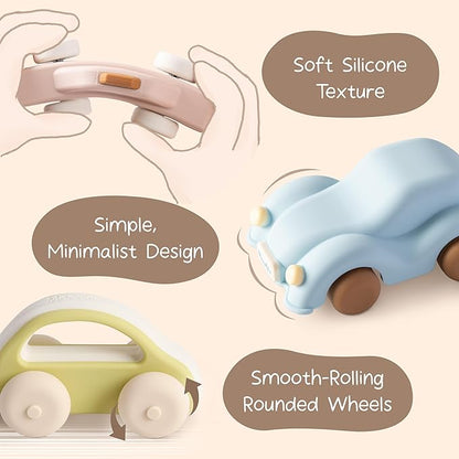 Moonkie Food Grade Silicone Toy Cars for Toddlers 1-3, Push and Go Baby Car Toys 6-12 Months+, One-Piece Design Infant Toys, Birthday Gifts for 1 Year Old Boy Girl, Easy to Clean & Grasp, 3 Pack