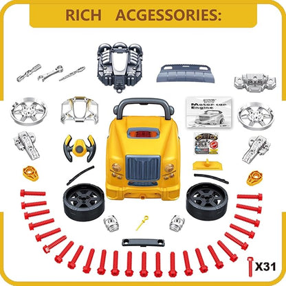 MUGEYMYD Large Truck Engine Toy for Kids 3-5, Take Apart Motor Vehicle Pretend Play Car with Light and Sound, Kids Mechanic Workshop Set, Toy Engine Building Kit for Toddlers.