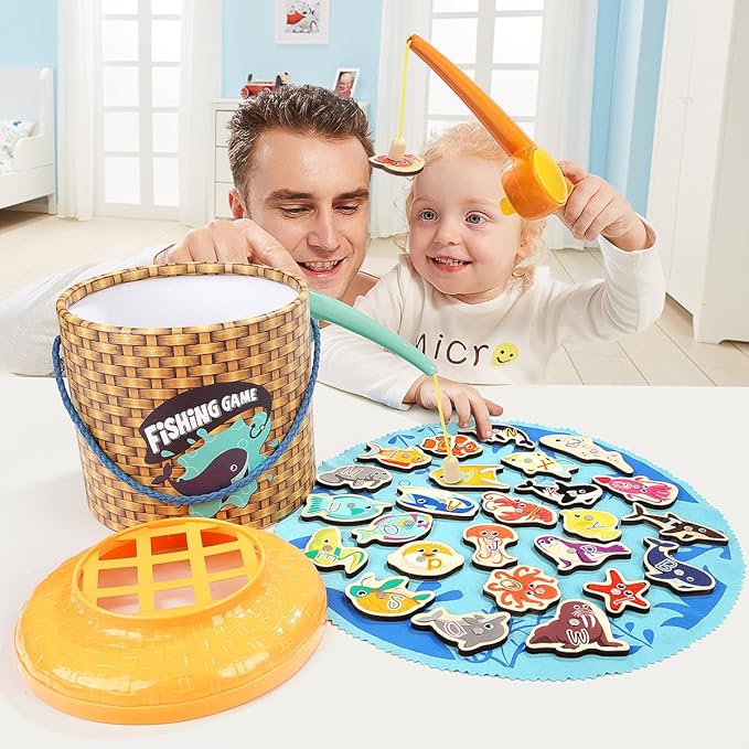 TOP BRIGHT Montessori Toddler Fishing Game - Kids Wooden Magnetic Fishing Toys Gifts for 3 Years Old Girls Boys, Fine Motor Skills for Toddler