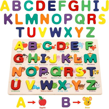 Attmu Alphabet Number Puzzle Wooden Puzzles for Toddlers 3 4 5 Year Old, ABC Puzzle Shape Alphabet Learning Puzzles Toys with Puzzle Board & Letter Blocks Preschool Educational for Girls Boys Set of 2