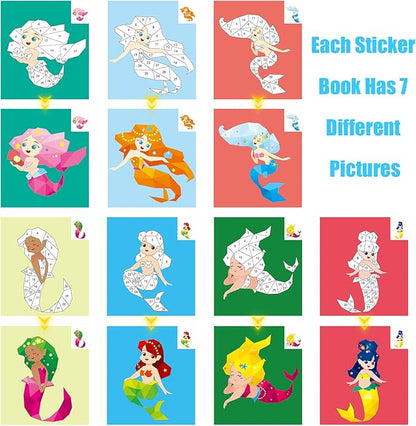 2 Pack Paint by Sticker Kids Crafts for Kids Ages 4-8 Sticker by Number for Boys and Girls Birthday Gifts Party Favor, Travel Activity Book Set for Learning (Princess+Mermaid)