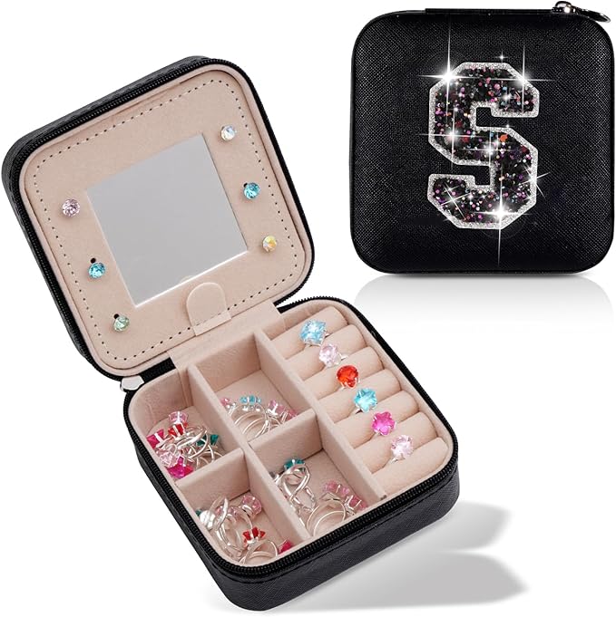 Travel Jewelry Case - Personalized Jewelry Box for Women,Small Jewelry Organizer Cute Jewelry Organizers and Storage Aesthetic,Travel Essentials Birthday Gifts for Girls Women | Black,S