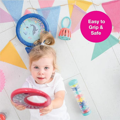 Edushape Classic Tambourine for Kids, Red - Percussion Musical Instrument Baby Tambourine for Toddlers 1-3, Kids Tambourine Fun Tummy Time, Fine Motor, Auditory and Visual Sensory Development