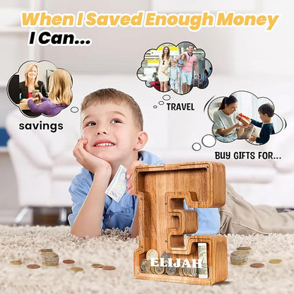KMC Wooden Letter Piggy Bank, Personalized Initial Piggy Bank for Kids Boys, Clear Alphabet E Wood Money Box, Unbreakable Coin Saving Jar, Birthday, for Children
