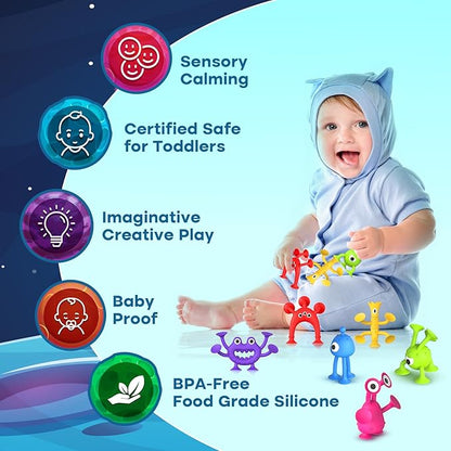 Suction Toy Toddler Bath Toys: No Hole Bath Toy for Boys Girls Gifts - 18PCS Sensory Fidget Toys for Kids - Baby Window Building Toy Gooide Bag Stuffers - Christmas Stocking Stuffers for Kids