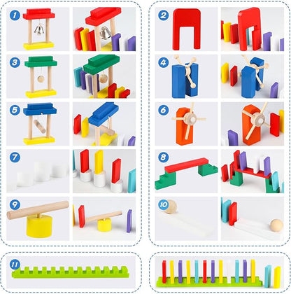 1000 PCS Dominoes Set for Kids with Extra 11 Blocks, Wooden Building Blocks 10 Colors Dominoes Racing Tile Games Educational Toy for Kids Birthday Party with Storage Bag