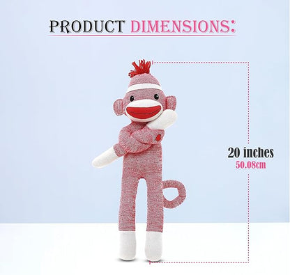 Adorable Sock Monkey, The Original Traditional Hand Knitted Stuffed Animal Toy Gift-for Kids, Babies, Teens, Girls and Boys Baby Doll Present Puppet (20" Pink)