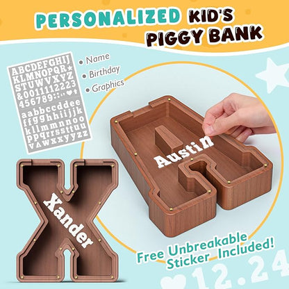 Summidate Wooden Letter Piggy Bank, Extra Thick Large Capacity Piggy Bank for Kids Boys Girls Toddler, Alphabet X Money Bank| Coin Box Birthday, Christmas, Festival