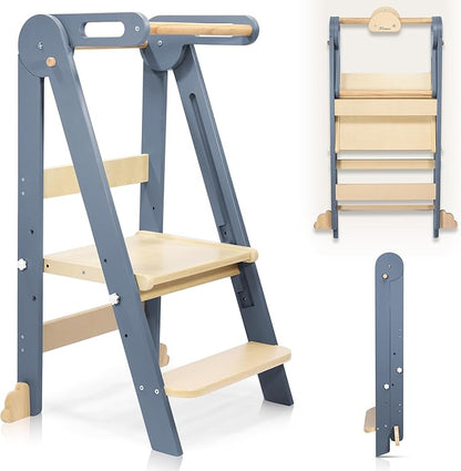 Foldable Toddler Kitchen Wood Step Stool with Hook, Pre-Assembled Wooden Folding Montessori Learning Helper for Kids, Folding Standing Tower with 3 Adjustable Height Step for Counter Sink-Gray