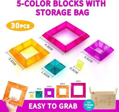Translucent Building Block Set with Toy Storage Bag, 30 Pcs Light-Passing Stacking Toys for Kids Ages 3+, STEM Preschool Educational, Light Table Compatible, Gift for Toddlers & Children
