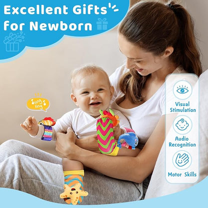URMYWO Wrist Rattles for Baby - Rattle Socks - Foot Finder Set - Baby Toys for 0-12 Months Infant - Newborn Essentials - Early Learning Sensery Toys for Boys and Girls as Shower Gifts