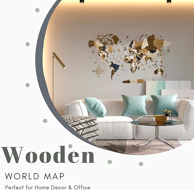 Wooden World Map 3D Art Large Wall Decor - Size (M & L & XL) Any Occasion Gift Idea - Wall Art For Home & Kitchen or Office (COFFEE, 63,00" x 33,46")