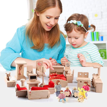 5 Set Dollhouse Furniture Accessories Wooden Bathroom/Living Room/Dining Room/Bedroom/Kitchen House 6 Family Doll Decoration Pretend Play Kids Christmas Birthday Gifts for Girls Toys 40 Pcs